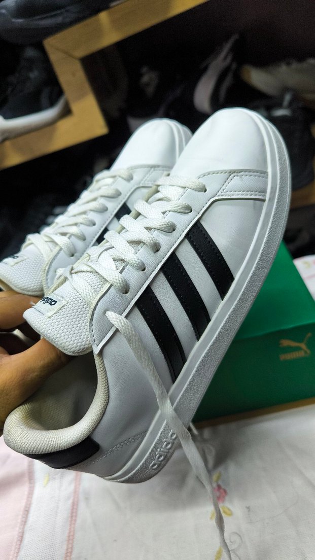 Deri Beyaz Siyah Adidas Stiletto Topuklu Spor Ayakkabı - Görsel 5