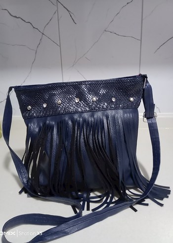 Lacivert Yılan Baskılı Deri Püsküllü Çanta - Görsel 3