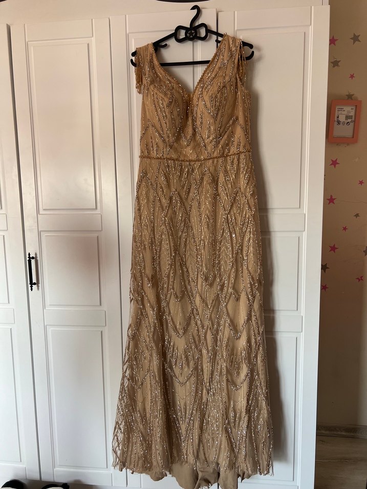 42 beden uyumlu Gold V Yaka Uzun Abiye Elbise - Görsel 3