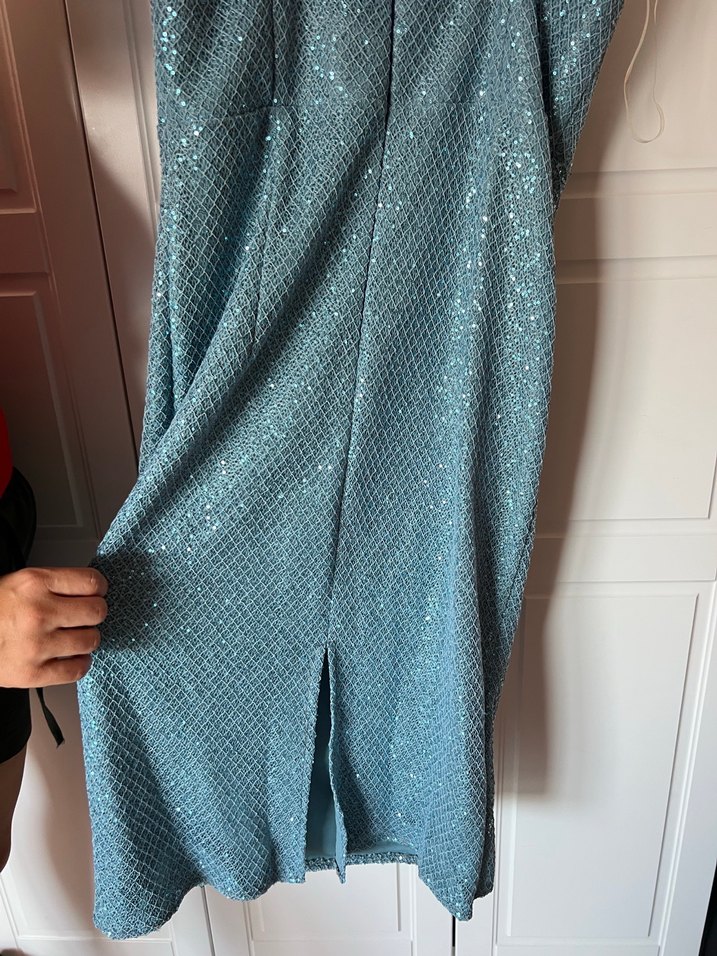 Uzun Turkuaz Drapeli Abiye Elbise - Görsel 3