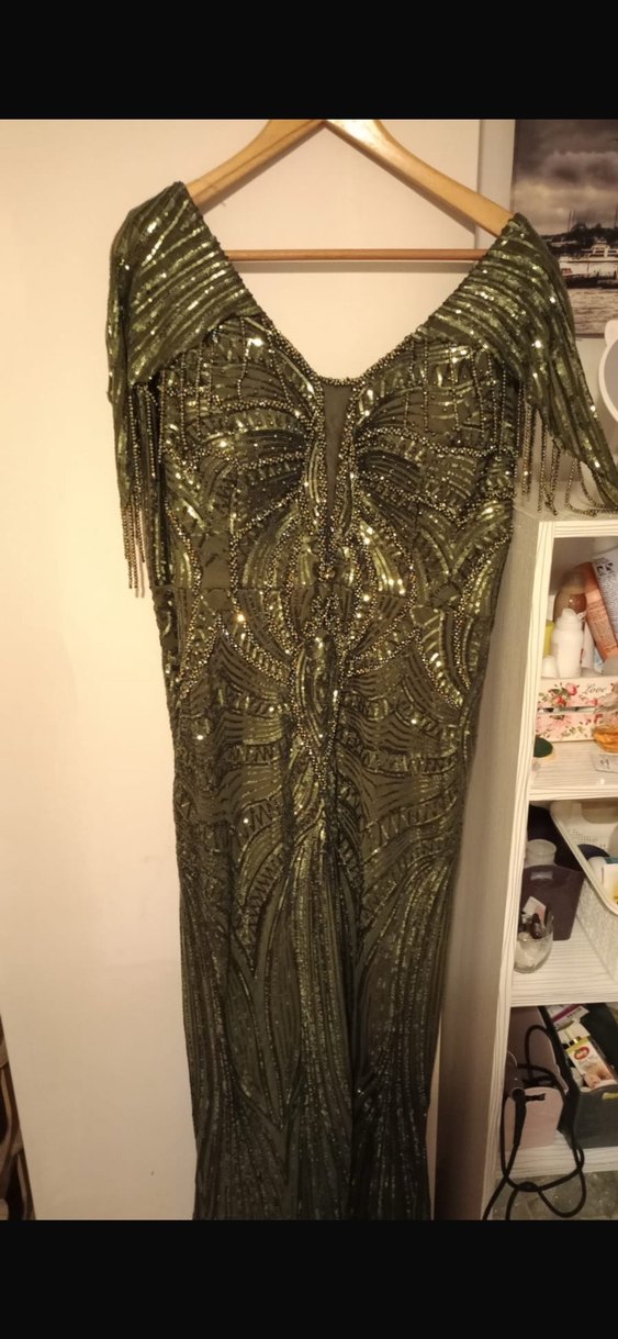 Büyük beden Payetli V Yaka Uzun Abiye Elbise - Görsel 4