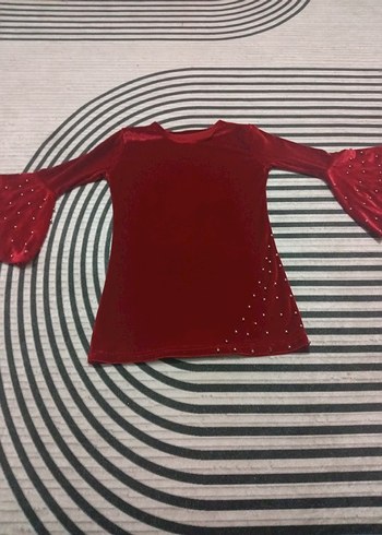 Kız Çocuk Kırmızı V Yaka Uzun Kollu Payetli Bluz - Görsel 2