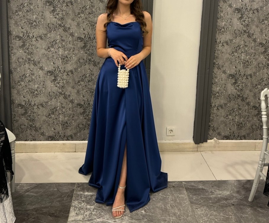 Lacivert Drapeli Uzun Abiye Elbise - Görsel 2