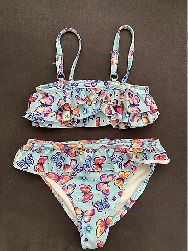 Kız çocuk kelebek desenli fırfırlı bikini takımı