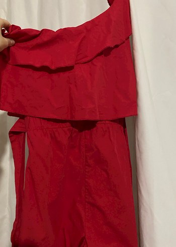 Kırmızı Fırfırlı Yarım Kol Mini Kadın Tulum - Görsel 5