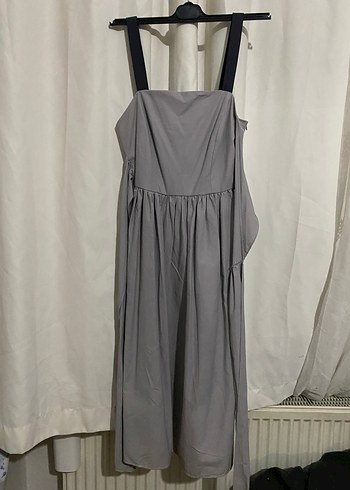 Gri Keten Uzun Kalın Askılı Elbise - Görsel 2