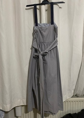 Gri Keten Uzun Kalın Askılı Elbise - Görsel 5