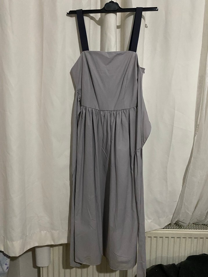 Gri Keten Uzun Kalın Askılı Elbise - Görsel 2