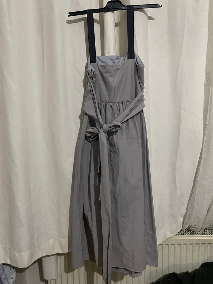 Gri Keten Uzun Kalın Askılı Elbise - Görsel 5