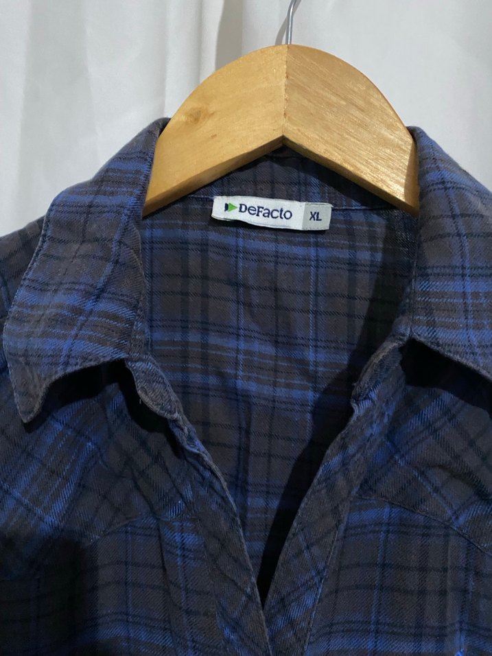 Kadın Lacivert Kareli Denim Gömlek - Görsel 3