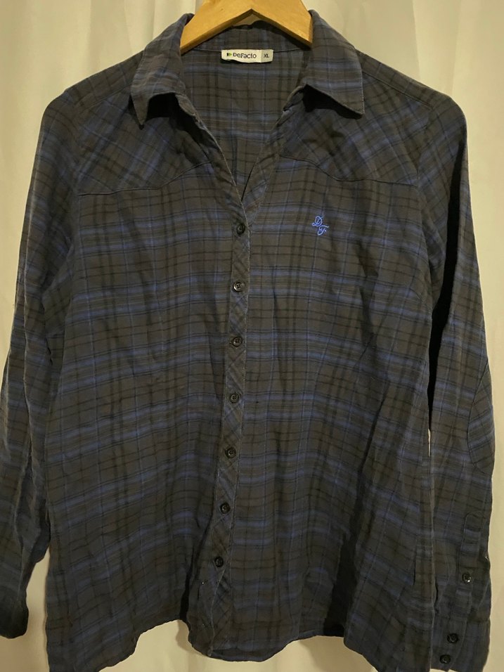 Kadın Lacivert Kareli Denim Gömlek - Görsel 2