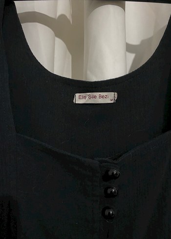 Siyah Kolsuz V Yaka Uzun Şile Bezi Elbise - Görsel 3