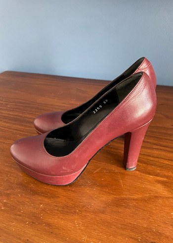 Bordo Deri Platform Topuklu Kadın Stiletto - Görsel 4