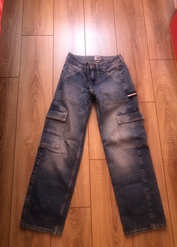 Tommy Hilfiger Koyu Mavi Yikamali Kargo Denim Pantolon