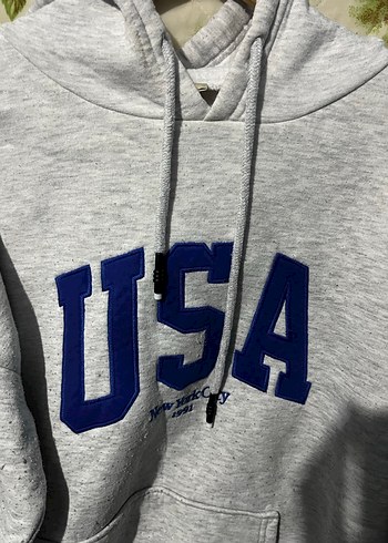 xl Beden Gri Kadın Sweatshirt Kapüşonlu USA Baskılı