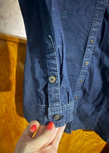 Düğmeli Kadın Kot Ceket Midi Boy Mavi - Görsel 3