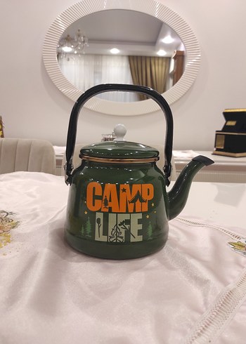 Yeşil Renkli CAMP Desenli Emaye Çaydanlık