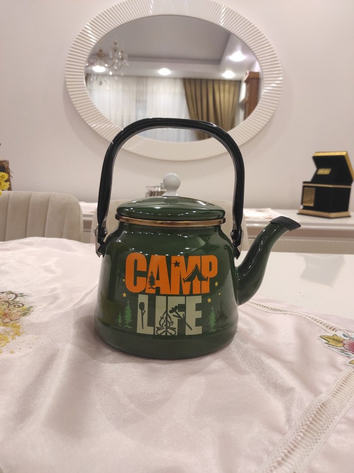 Yeşil Renkli CAMP Desenli Emaye Çaydanlık - Görsel 4