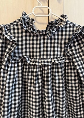 Kalın Siyah Beyaz Kareli Uzun Kollu Kız Elbise - Görsel 3