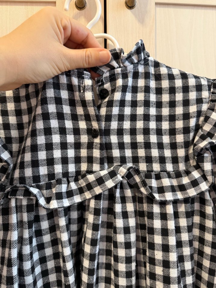 Kalın Siyah Beyaz Kareli Uzun Kollu Kız Elbise - Görsel 4