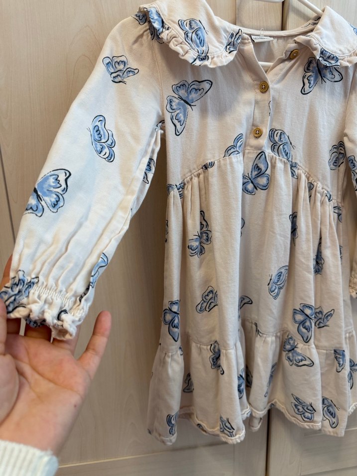Kelebek Baskılı Bej Kız Elbisesi - Görsel 5