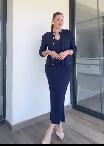 Kadın Lacivert Uzun Ceket ve Etek Takım