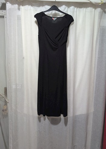 V Yakalı Drapeli Siyah Uzun Kadın Elbise - Görsel 2