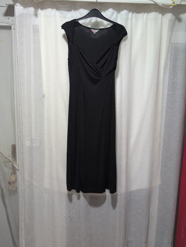 V Yakalı Drapeli Siyah Uzun Kadın Elbise - Görsel 2