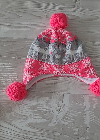 Renkli Nakışlı Pembe Örgü Çocuk Bere