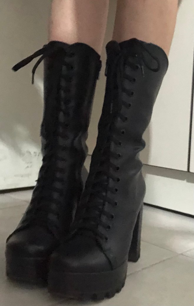 Siyah Deri Platform Topuklu Gotik Kadın Bot - Görsel 3