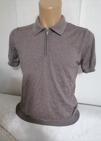 Bej Gri Kısa Kollu Fermuarlı Erkek Polo Tişört - Görsel 2