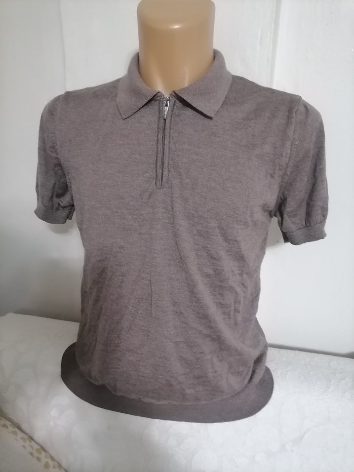 Bej Gri Kısa Kollu Fermuarlı Erkek Polo Tişört - Görsel 2