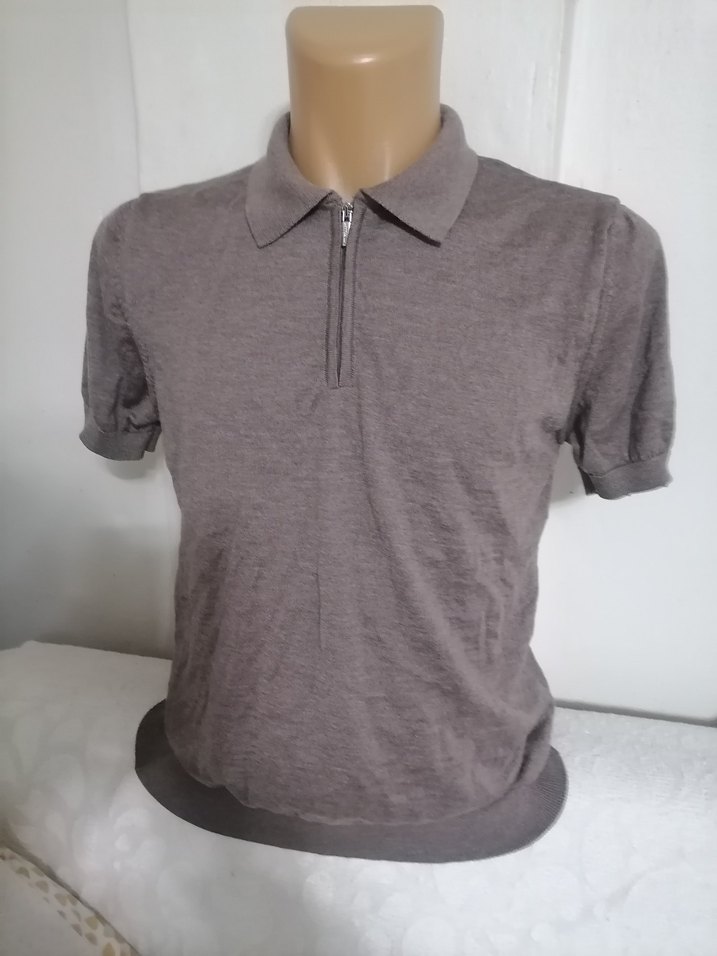 Erkek Bej Kısa Kollu Fermuarlı Polo Tişört - Görsel 2