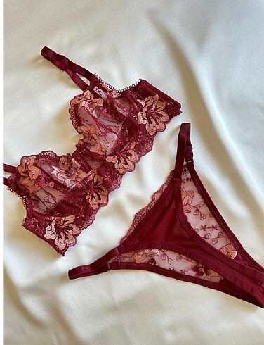 Diğer Bordo Çiçek Detaylı Sütyen Tanga Set