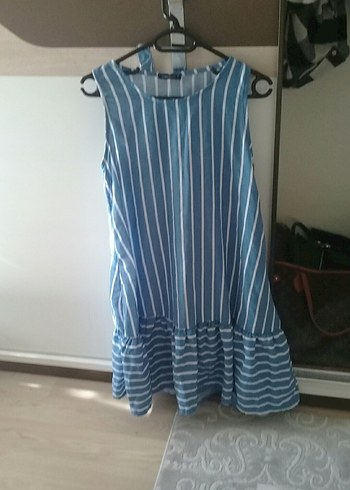 Mavi Çizgili Keten Hamile Tulum - Görsel 2