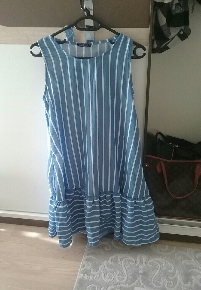 Mavi Çizgili Keten Hamile Tulum - Görsel 3