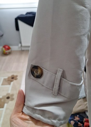 Bej Midi Kadın Trençkot Düğmeli Kısa Kollu - Görsel 4