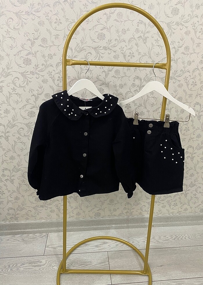 İncili kot ceket etekli takım - Görsel 5