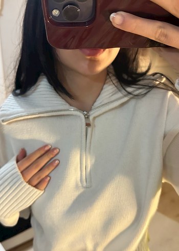 Bershka krem Yarım Fermuarlı Örgü Kadın Kazak - Görsel 3