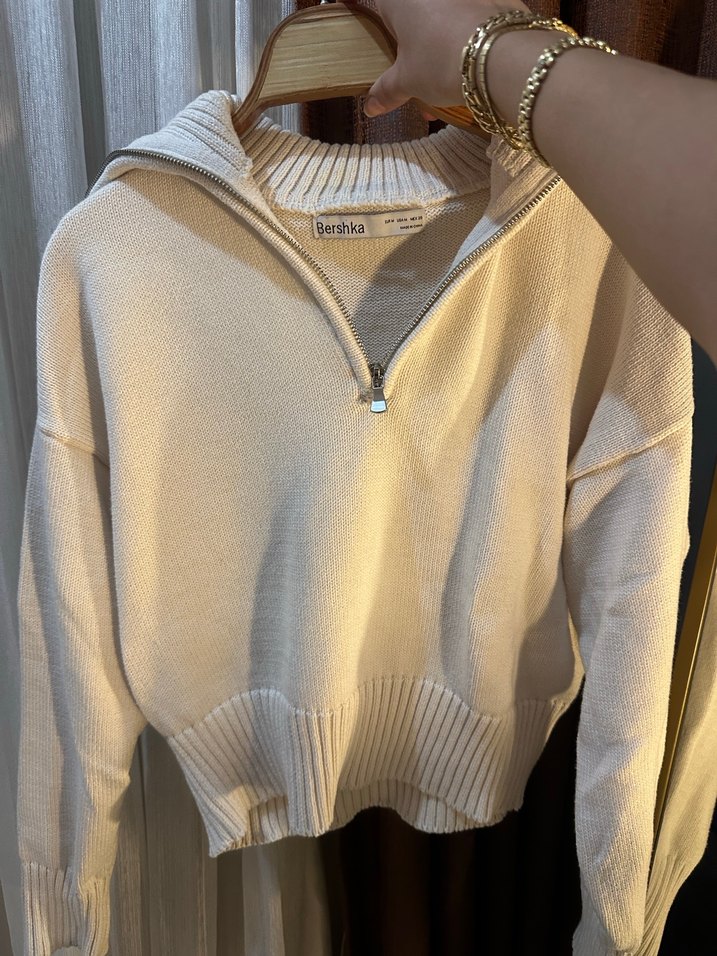 Bershka krem Yarım Fermuarlı Örgü Kadın Kazak - Görsel 4