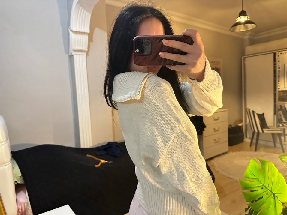 Bershka krem Yarım Fermuarlı Örgü Kadın Kazak - Görsel 2