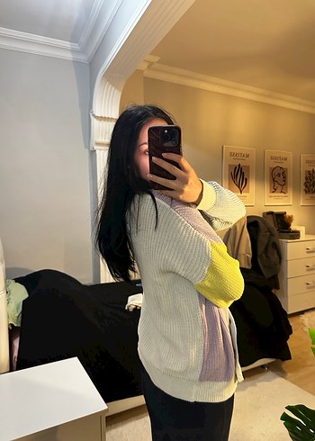 Renkli Oversize Midi Triko Hırka - Görsel 3