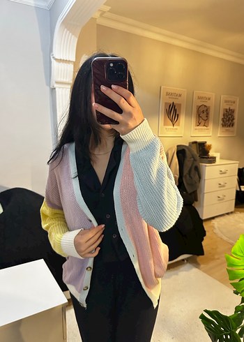 Renkli Oversize Midi Triko Hırka - Görsel 2