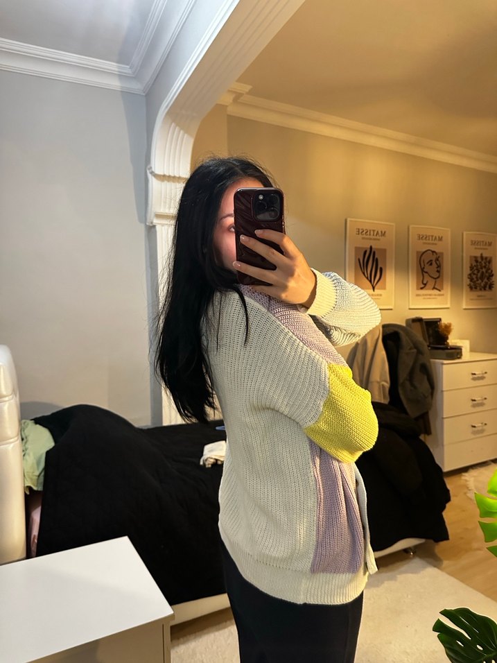 Renkli Oversize Midi Triko Hırka - Görsel 3