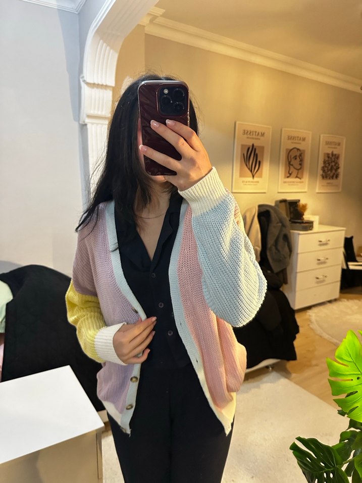 Renkli Oversize Midi Triko Hırka - Görsel 2