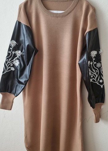 Deri Detaylı Uzun Kahverengi Kadın Kazak - Görsel 2