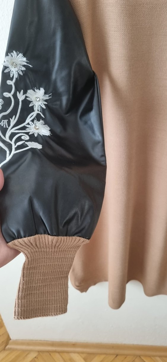 Deri Detaylı Uzun Kahverengi Kadın Kazak - Görsel 3