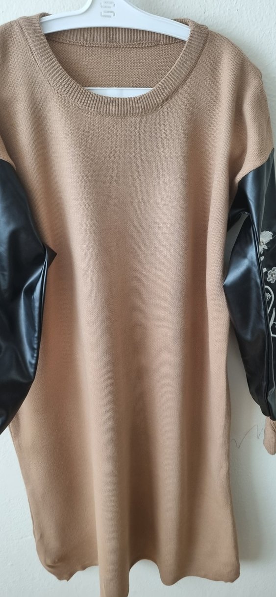 Deri Detaylı Uzun Kahverengi Kadın Kazak - Görsel 4