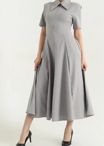 Gri Midi  Elbisesi V Yaka Drapeli - Görsel 3