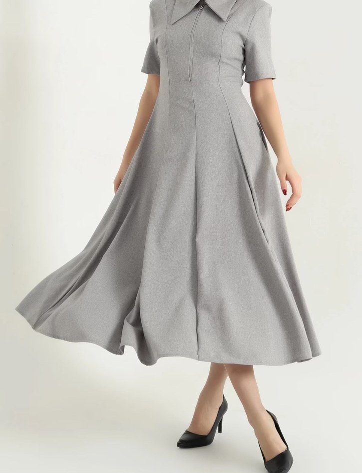 Gri Midi  Elbisesi V Yaka Drapeli - Görsel 2